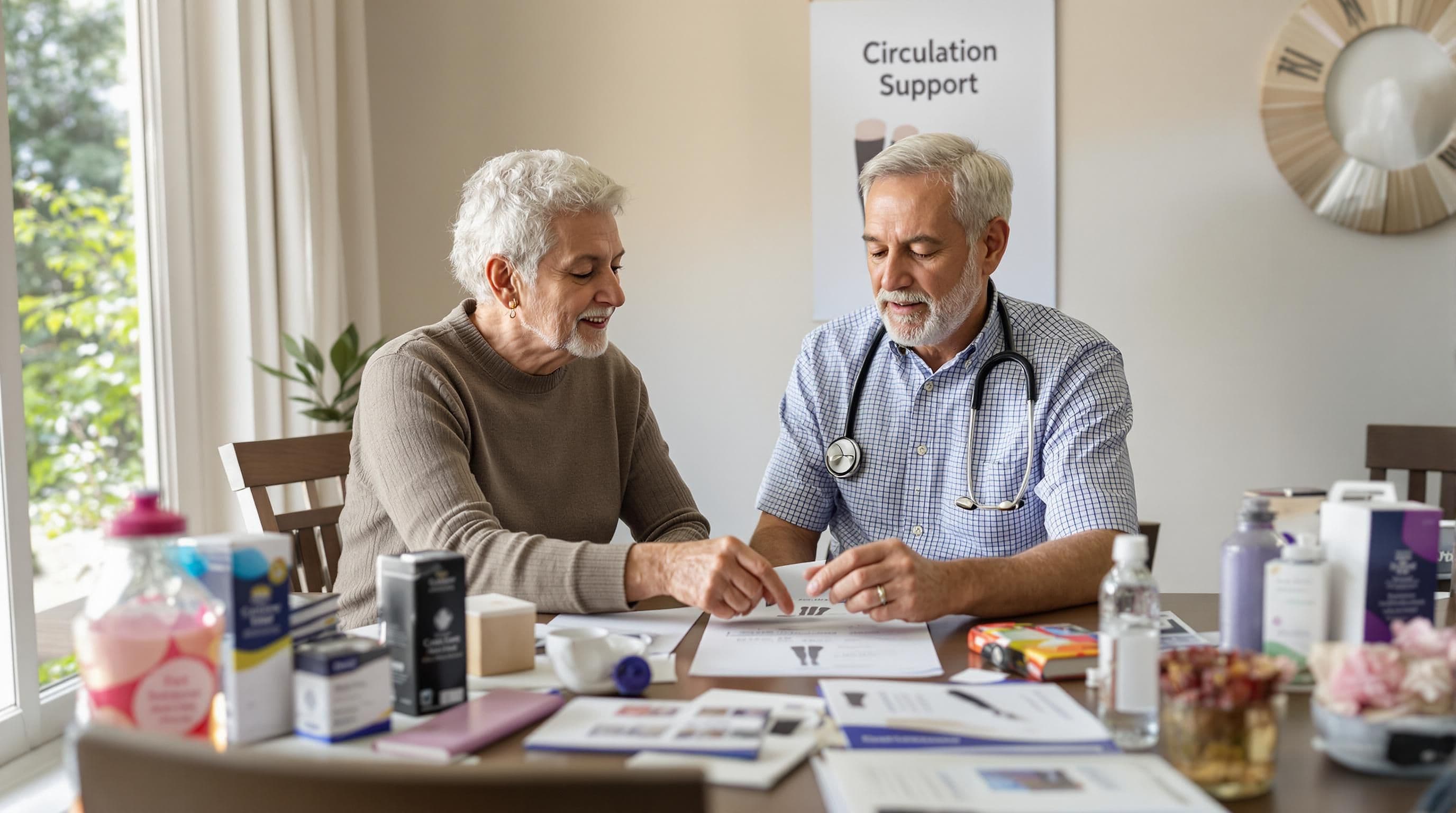 Older adult and healthcare provider reviewing compression stockings for circulation support
