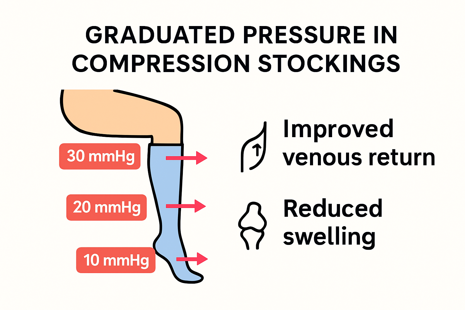 Diagram of graduated pressure from ankle to thigh in compression stockings