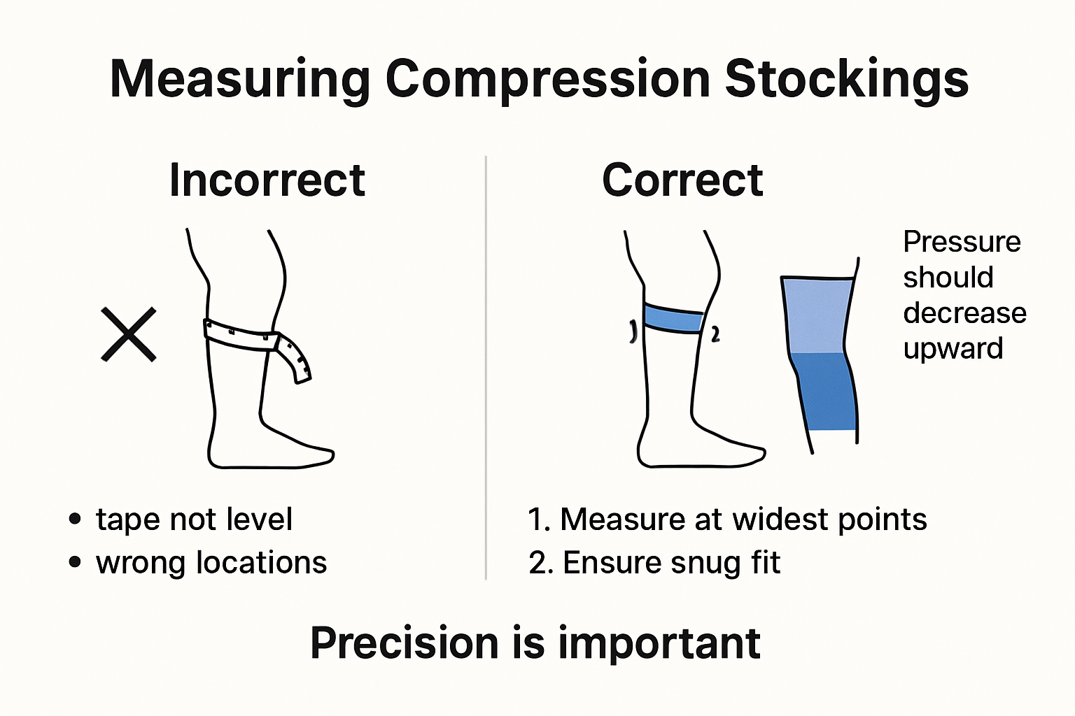 Infographic showing correct and incorrect ways to measure for compression stockings
