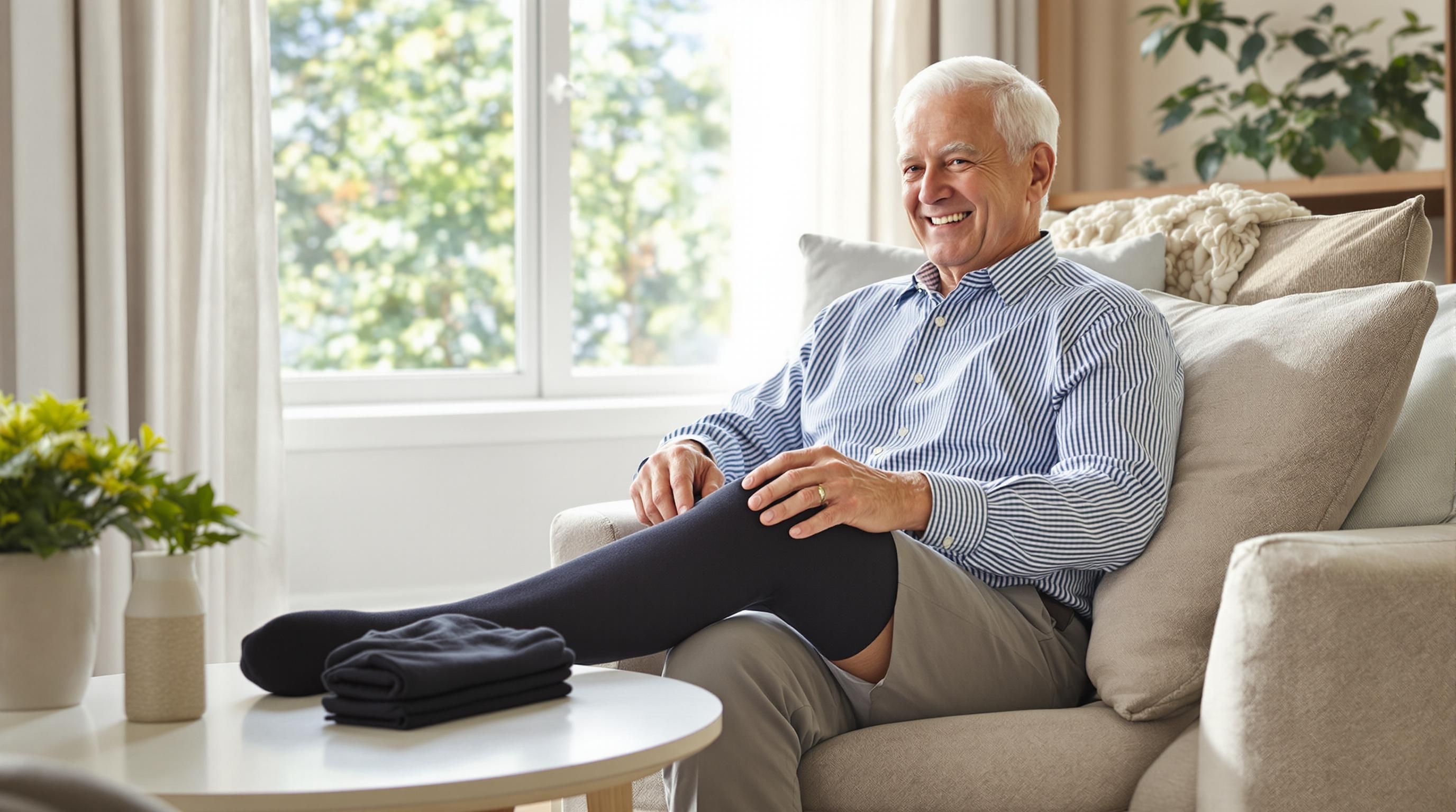 Elderly man easily putting on knee high compression stocking, comfort focus