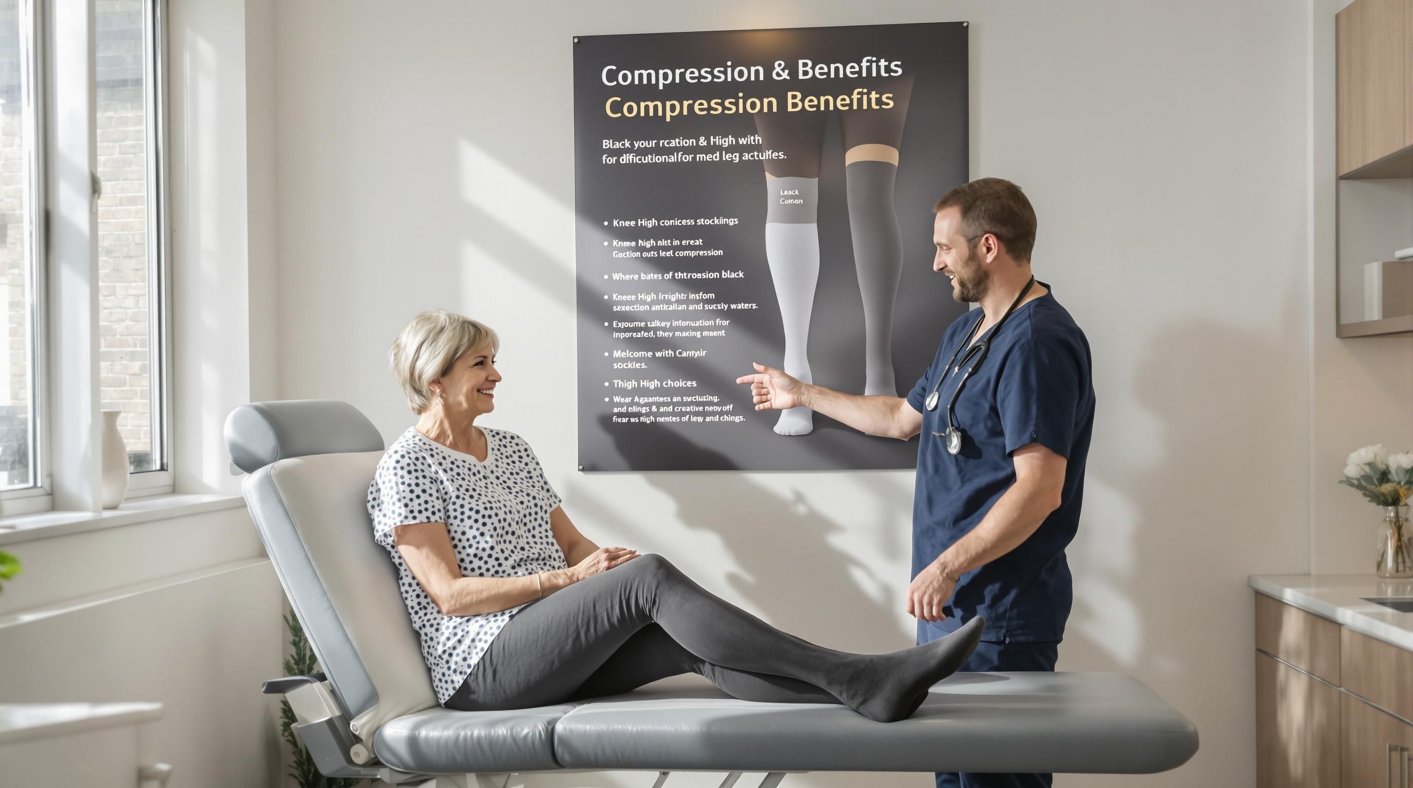 Woman in clinic comparing knee high and thigh high stockings with doctor and poster