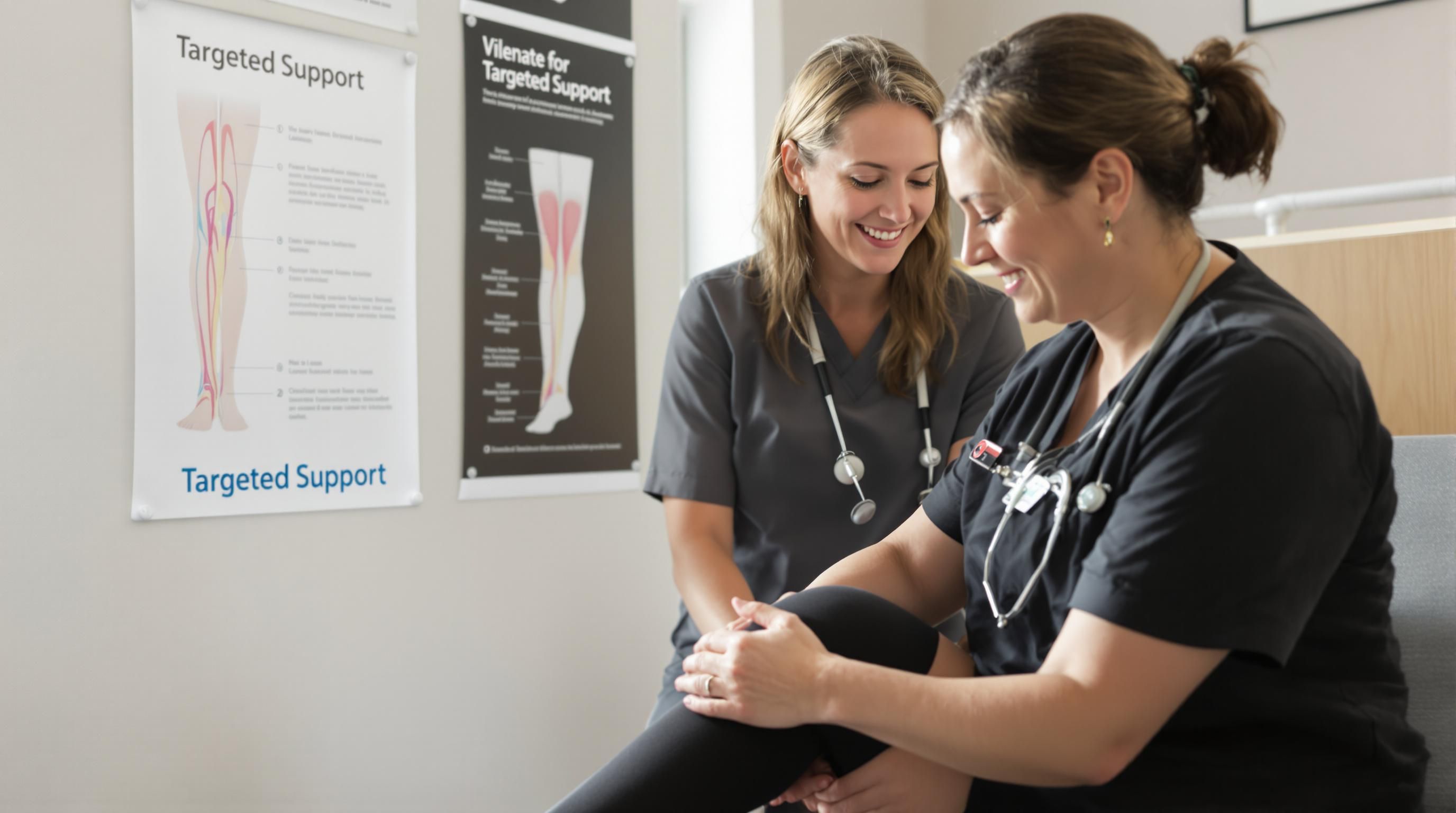 Nurse fitting compression stockings on patient in clinic for support