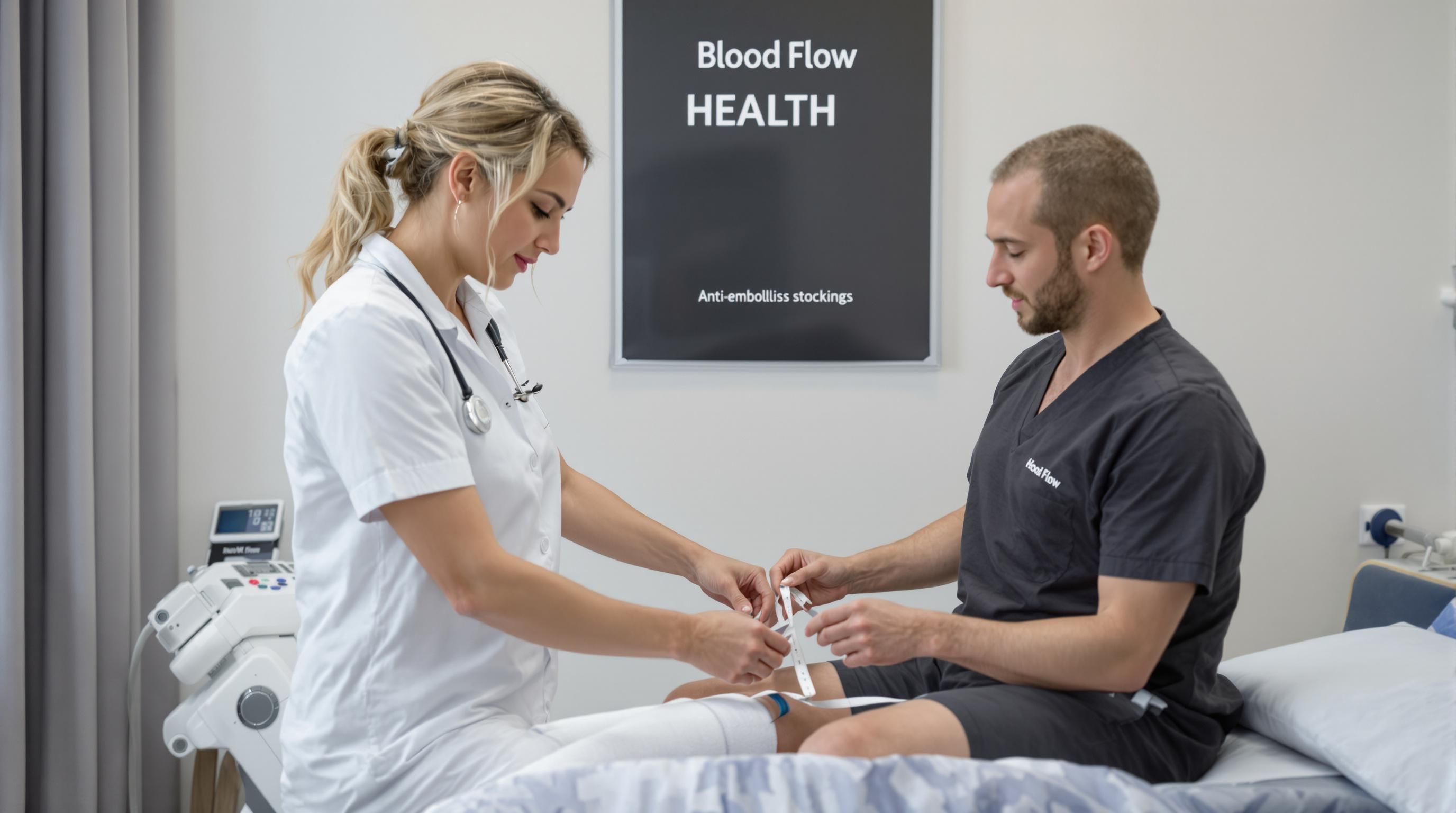 Provider measuring patient’s leg for anti embolism stockings in clinic