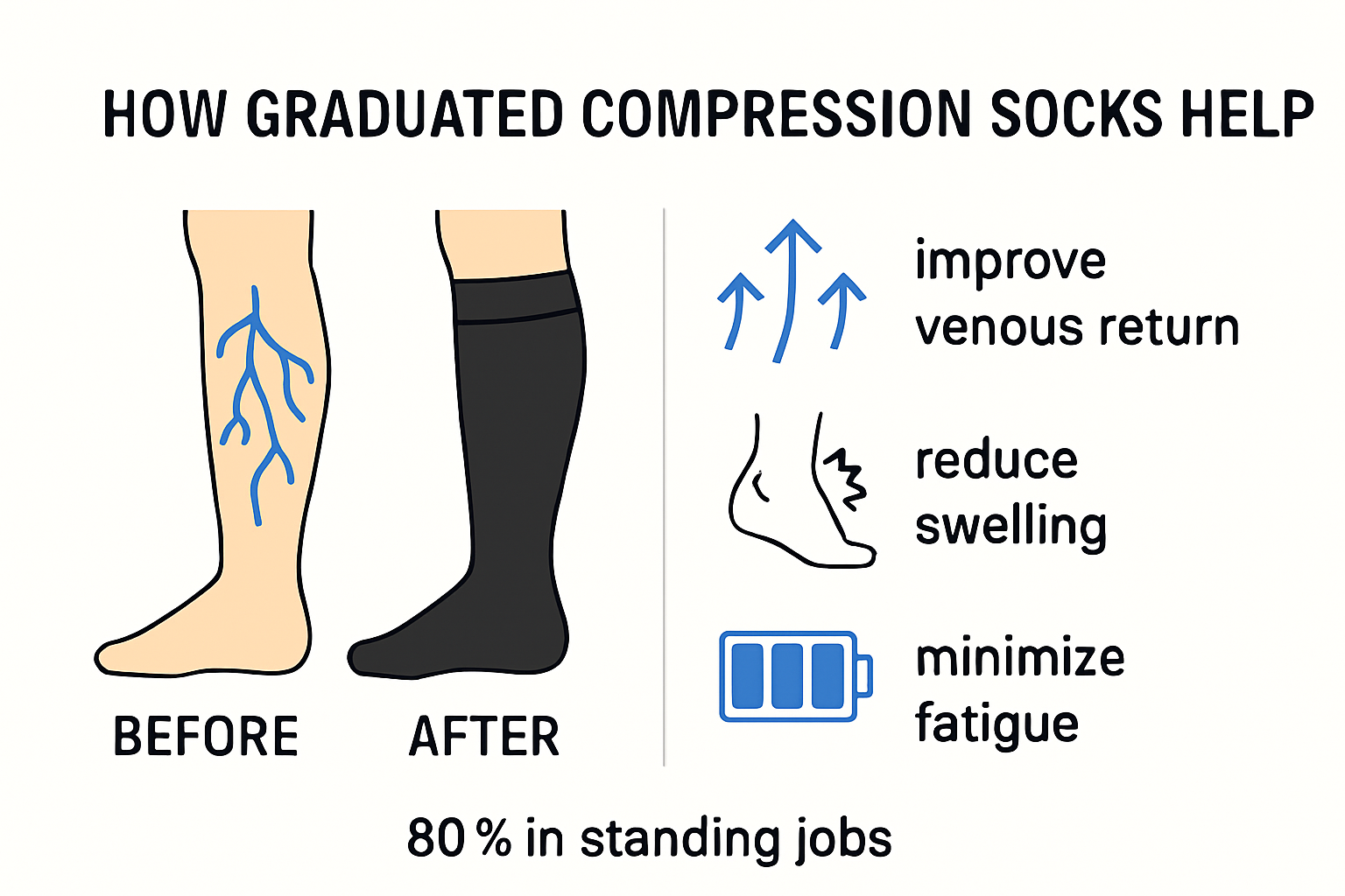 Infographic showing graduated compression sock effects on leg circulation