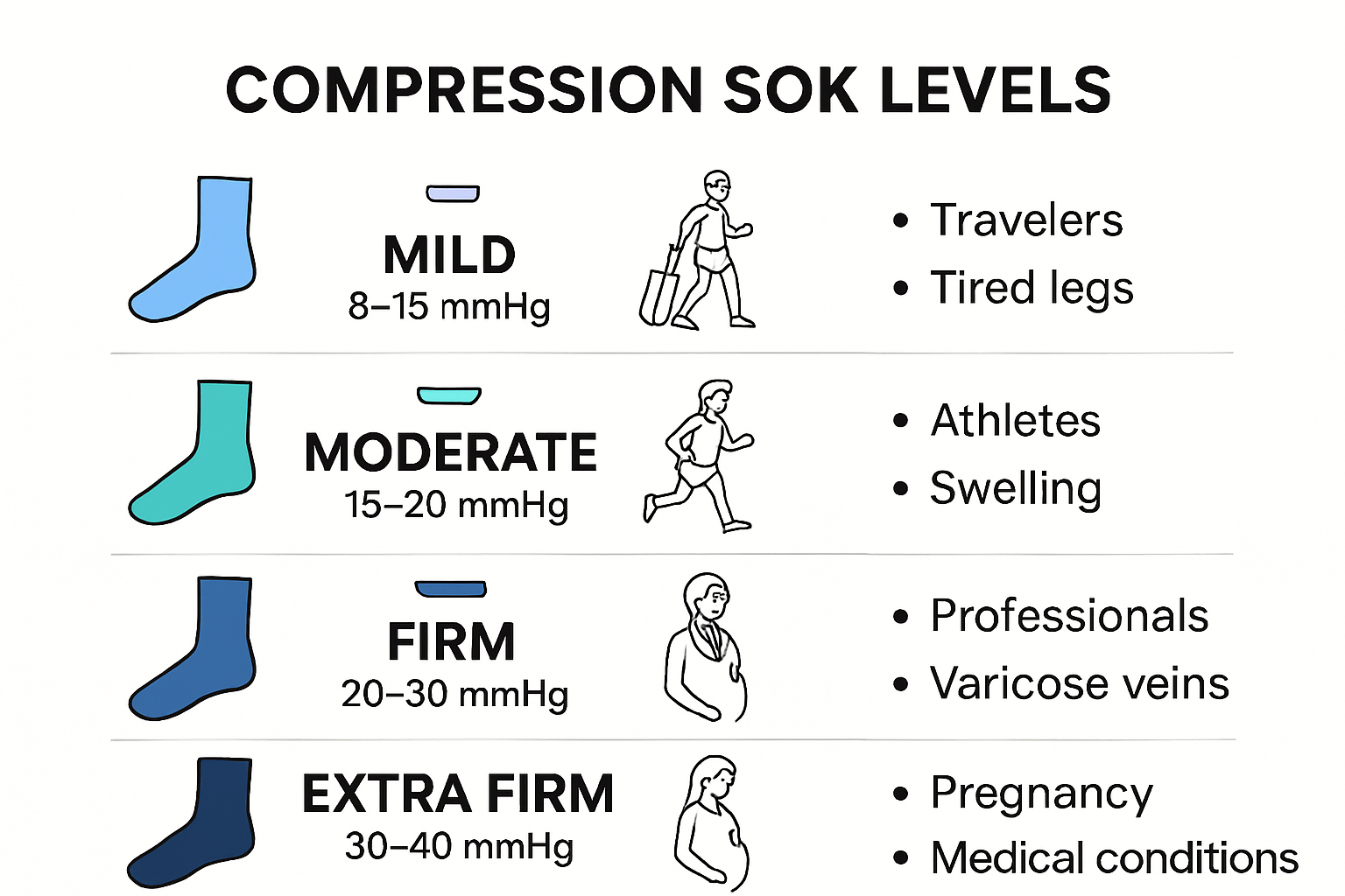 Compression socks levels and recommended uses infographic