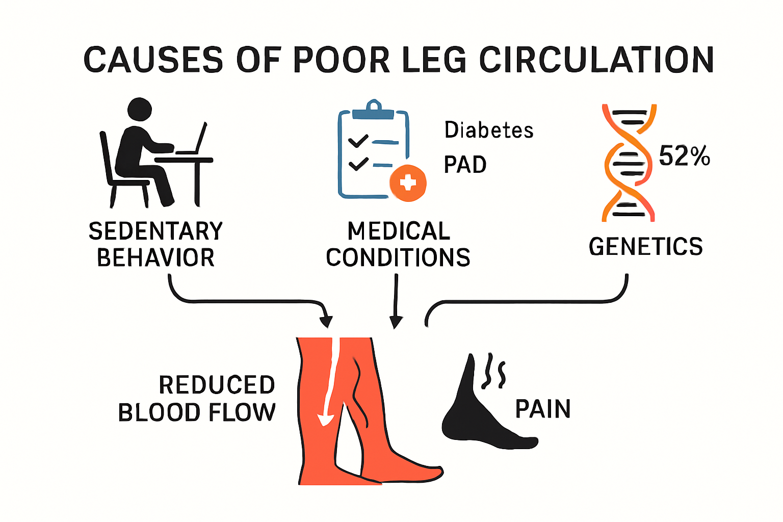 Diagram showing the common causes of poor leg circulation