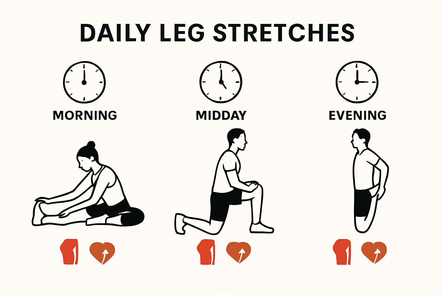 Daily leg stretch routine with morning, midday, and evening exercises