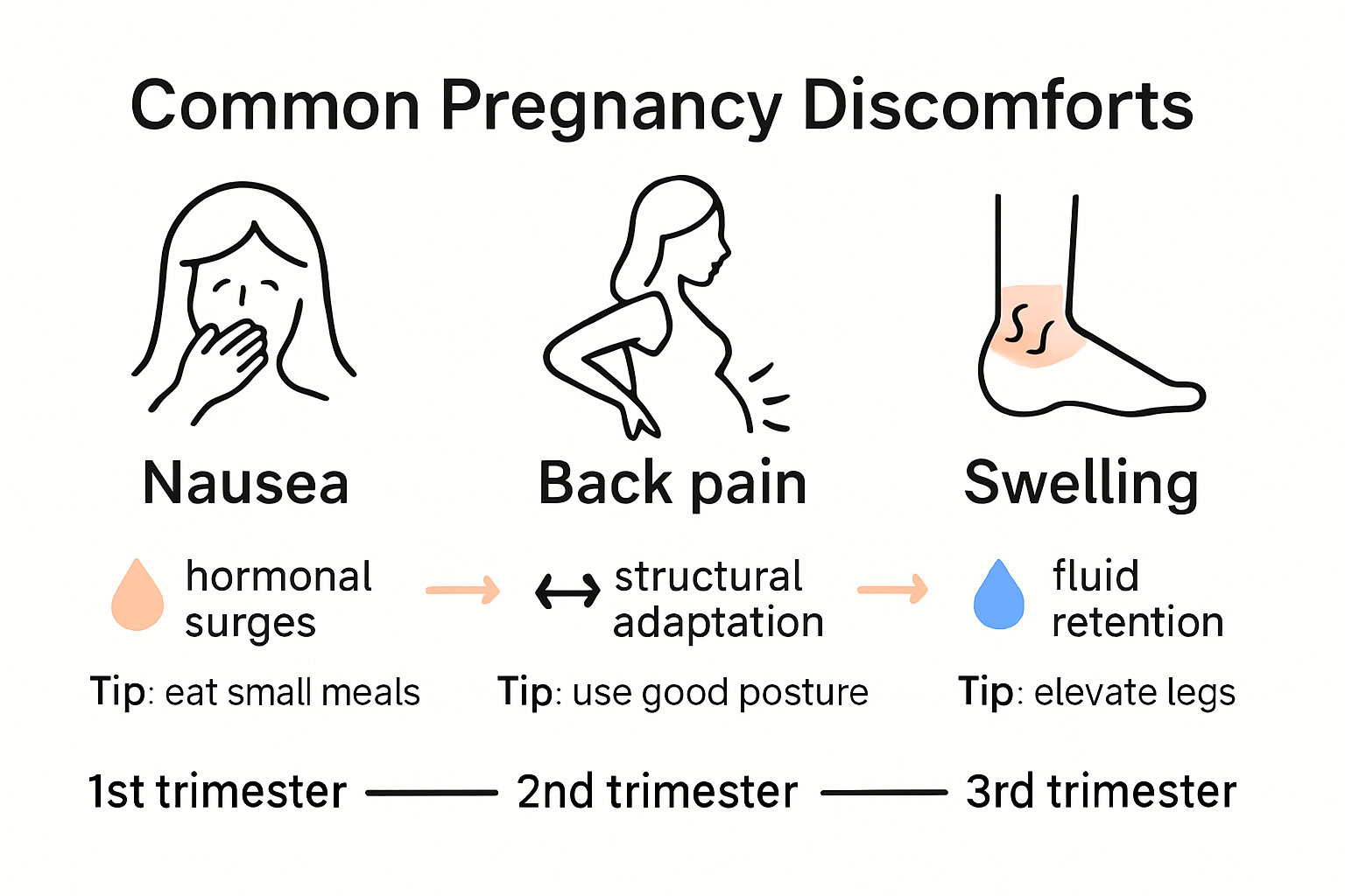 Timeline infographic showing common pregnancy discomforts and causes