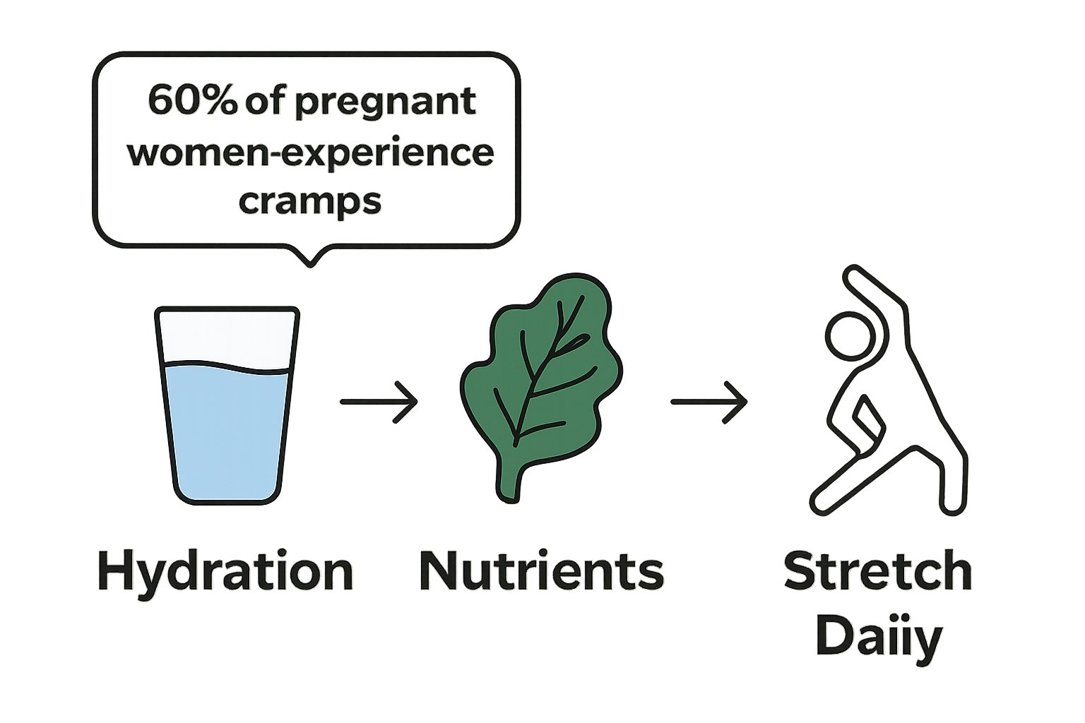 Infographic with hydration, nutrition, and stretching steps for preventing leg cramps in pregnancy