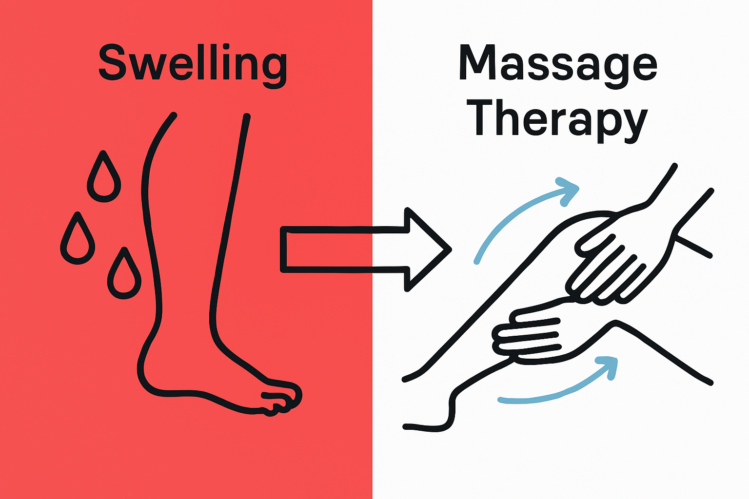 Infographic comparing swollen leg before and after massage therapy