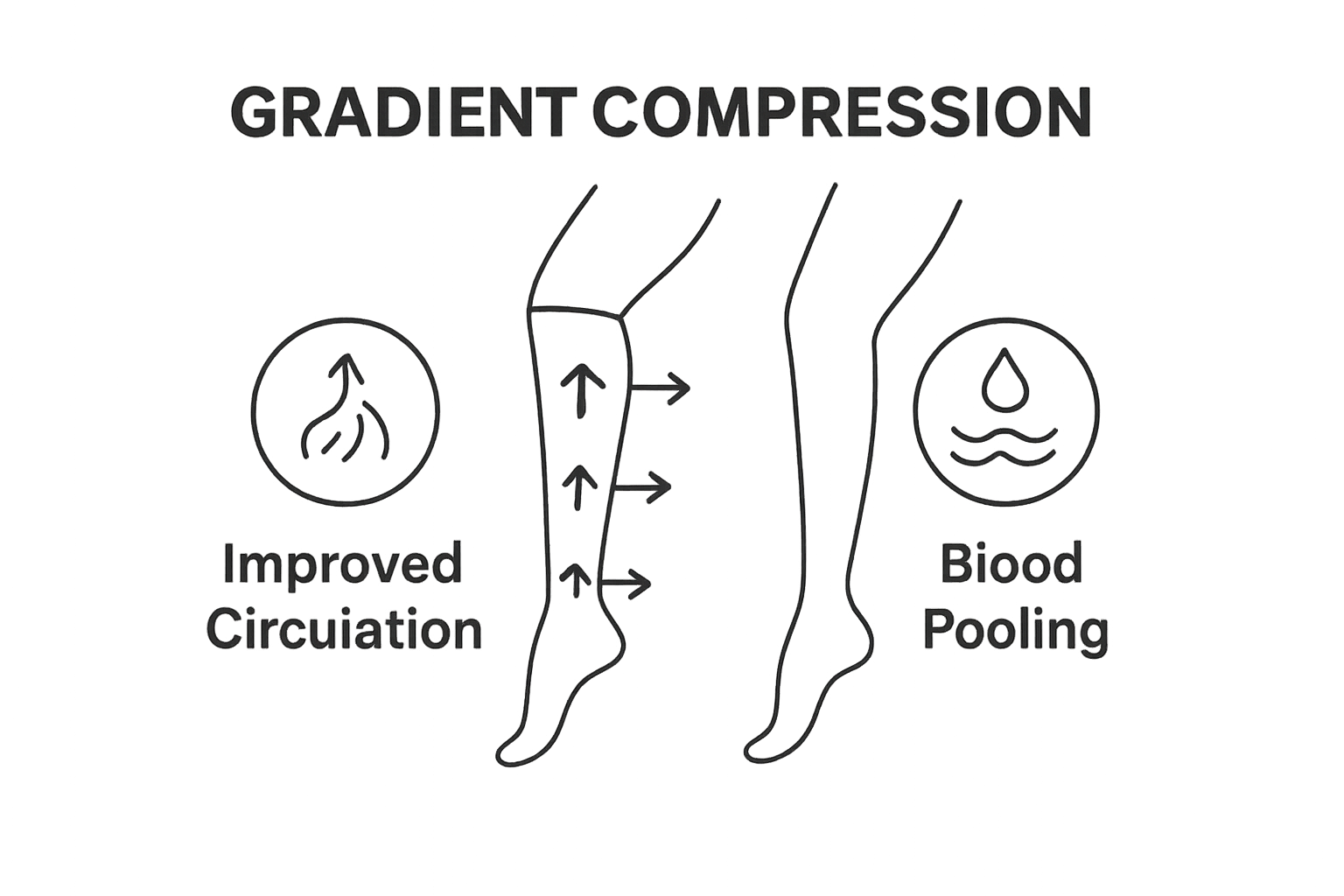 Comparison of leg with and without gradient compression stockings showing pressure zones and blood flow