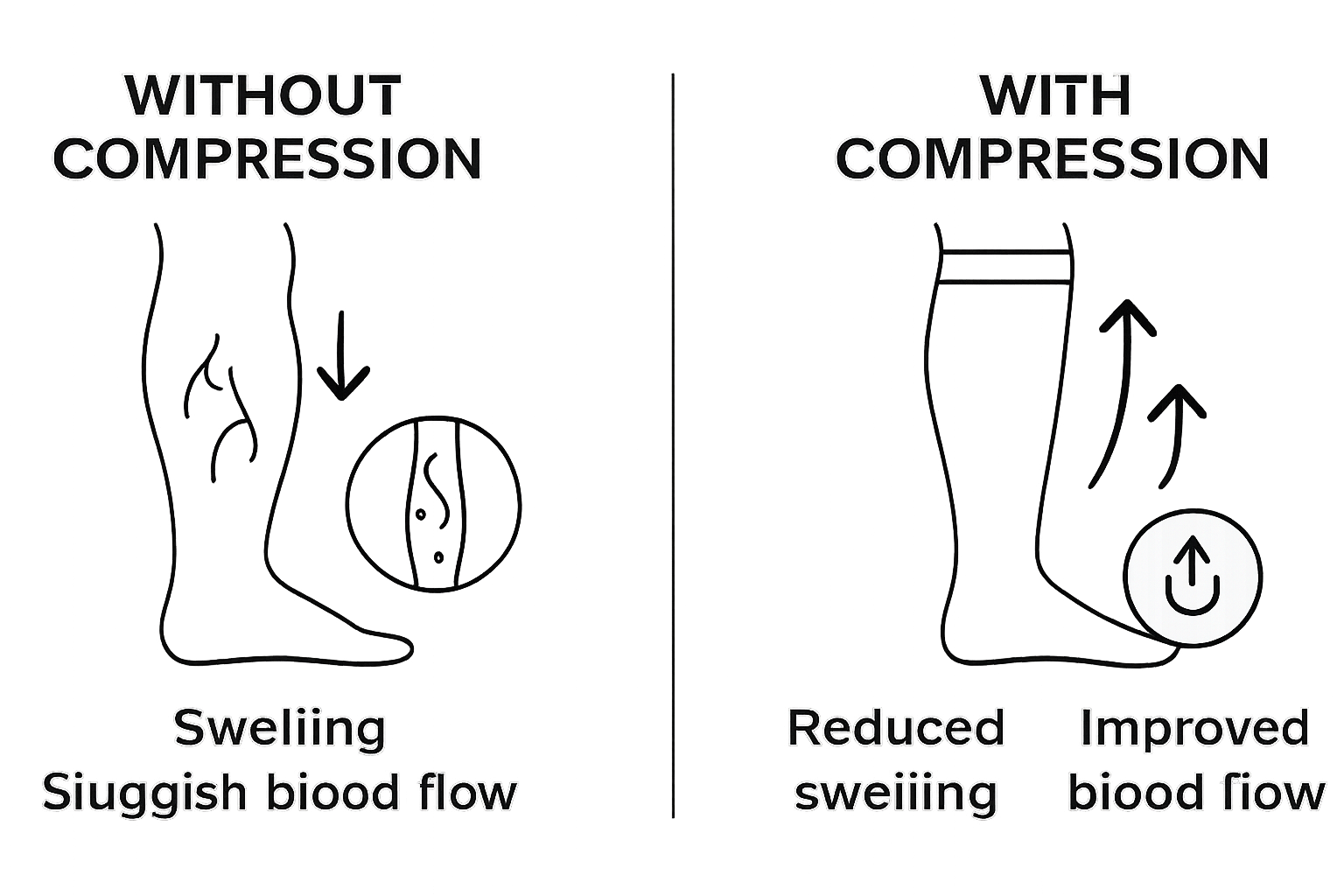 Infographic comparison legs with and without pregnancy compression stockings