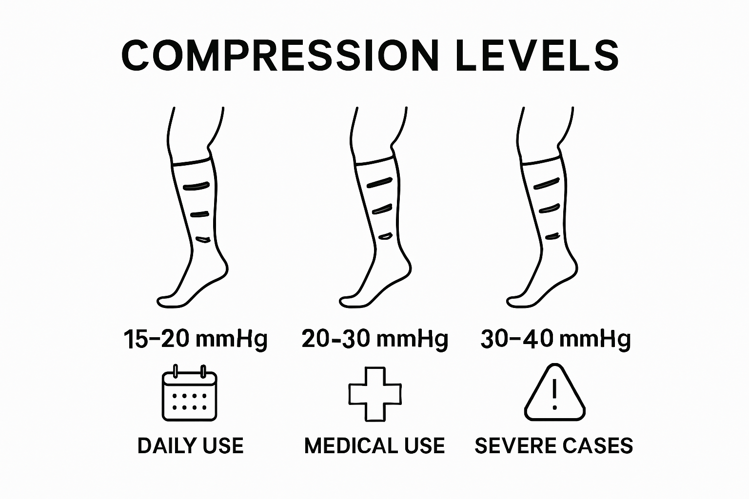 Infographic showing three types of compression stocking pressure and uses
