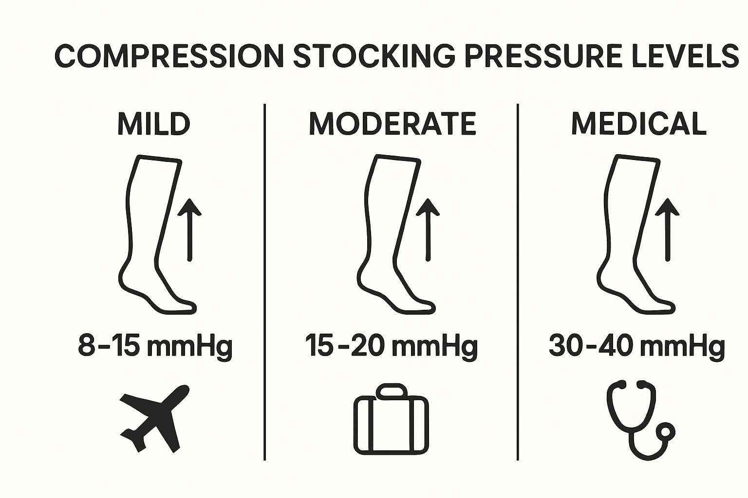 Infographic with three compression stocking pressure levels and use-cases