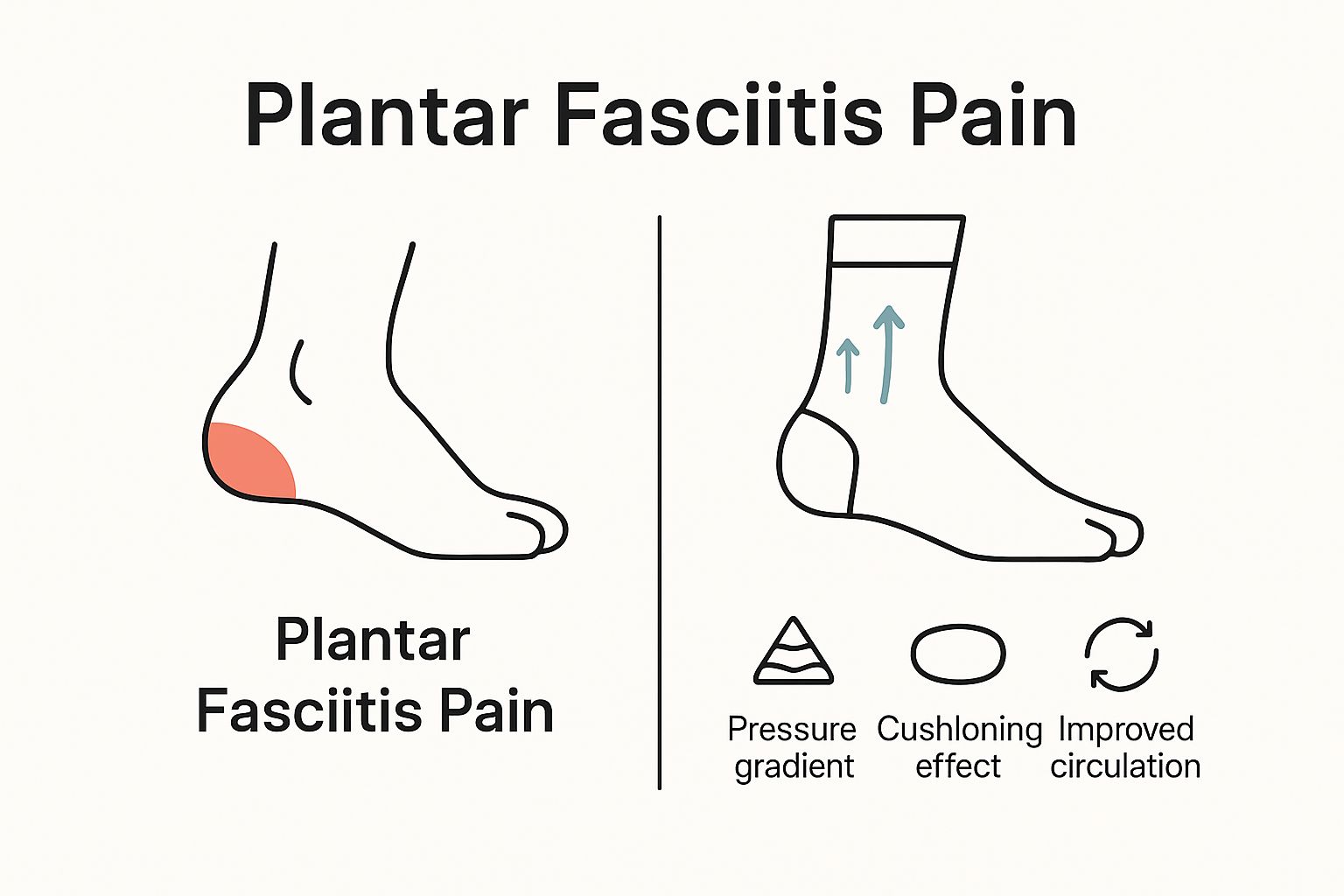 Infographic comparing foot with plantar fasciitis pain vs. foot with compression sock benefits