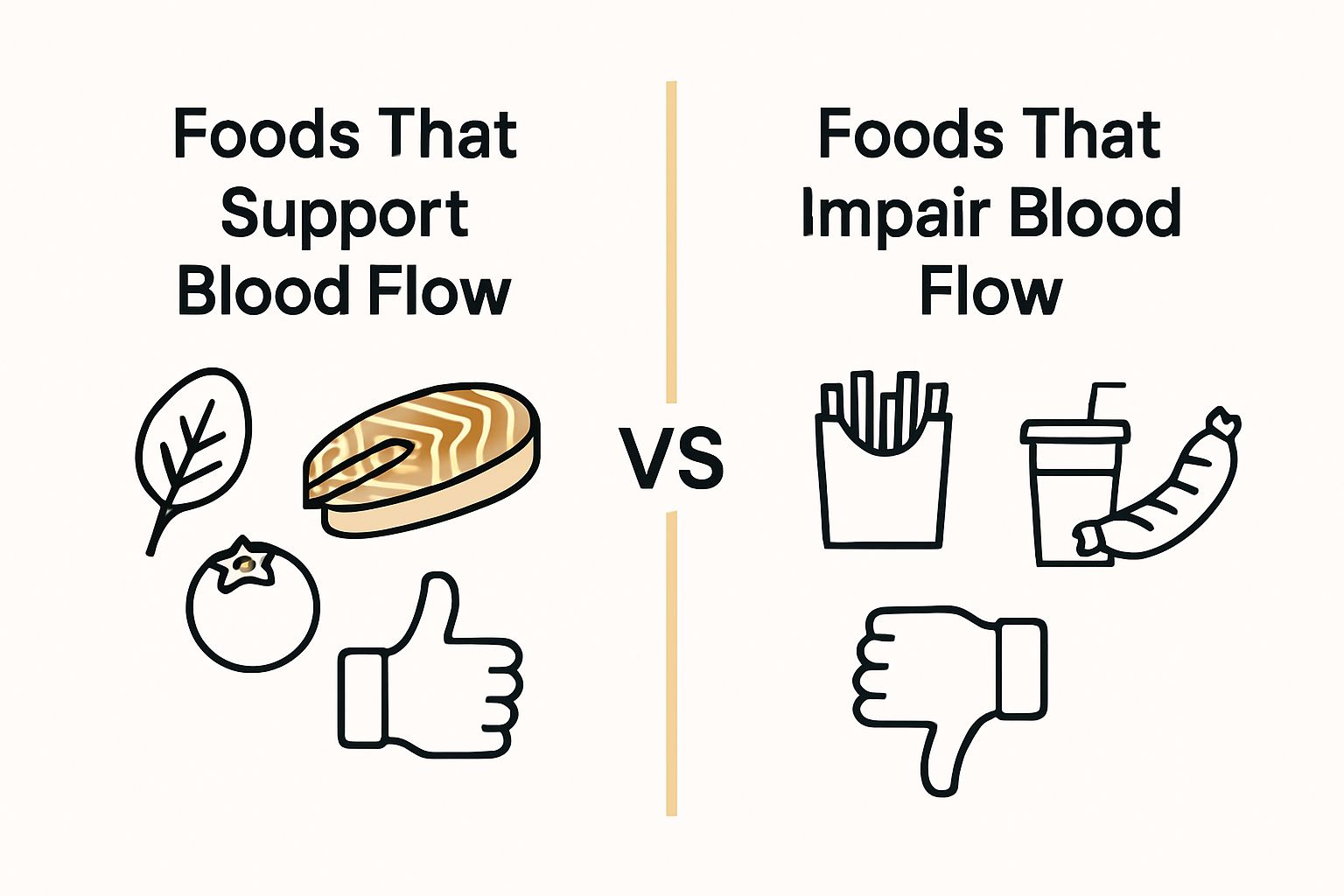 Infographic comparing foods that support vs. impair blood flow