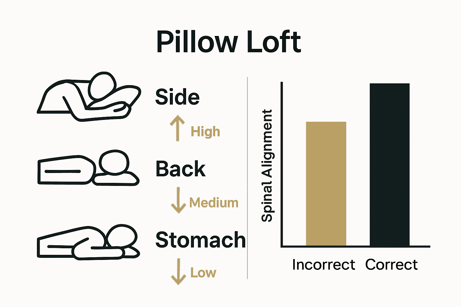 Infographic comparing pillow loft by sleep position and impact on spinal alignment.