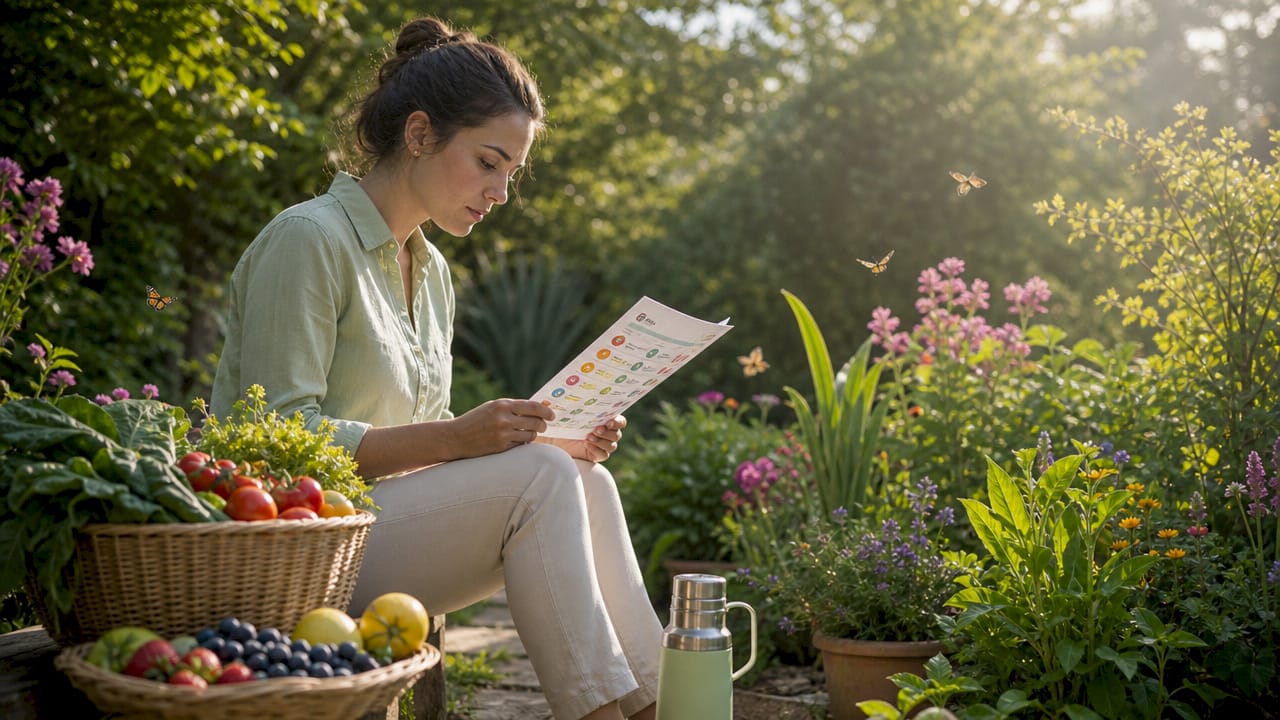 Nutritionist reviewing micronutrient chart at kitchen table