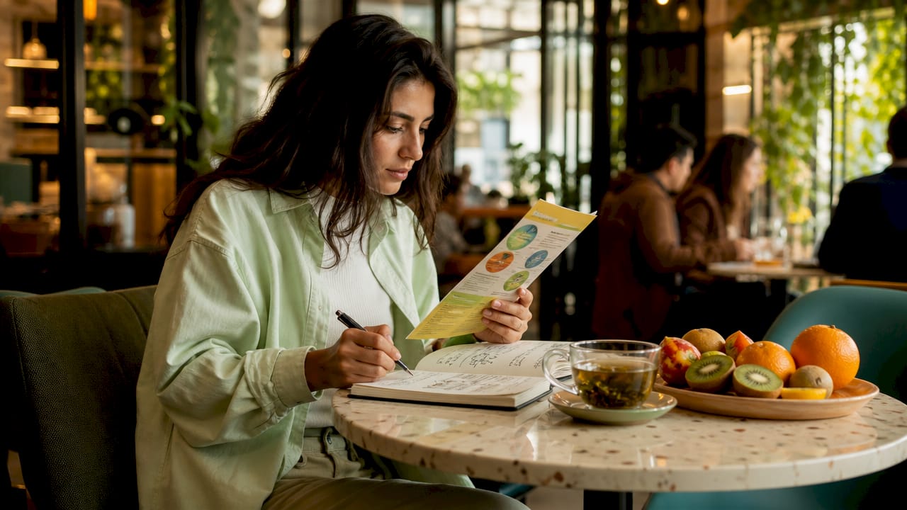 Woman studying nutrient guide at kitchen table