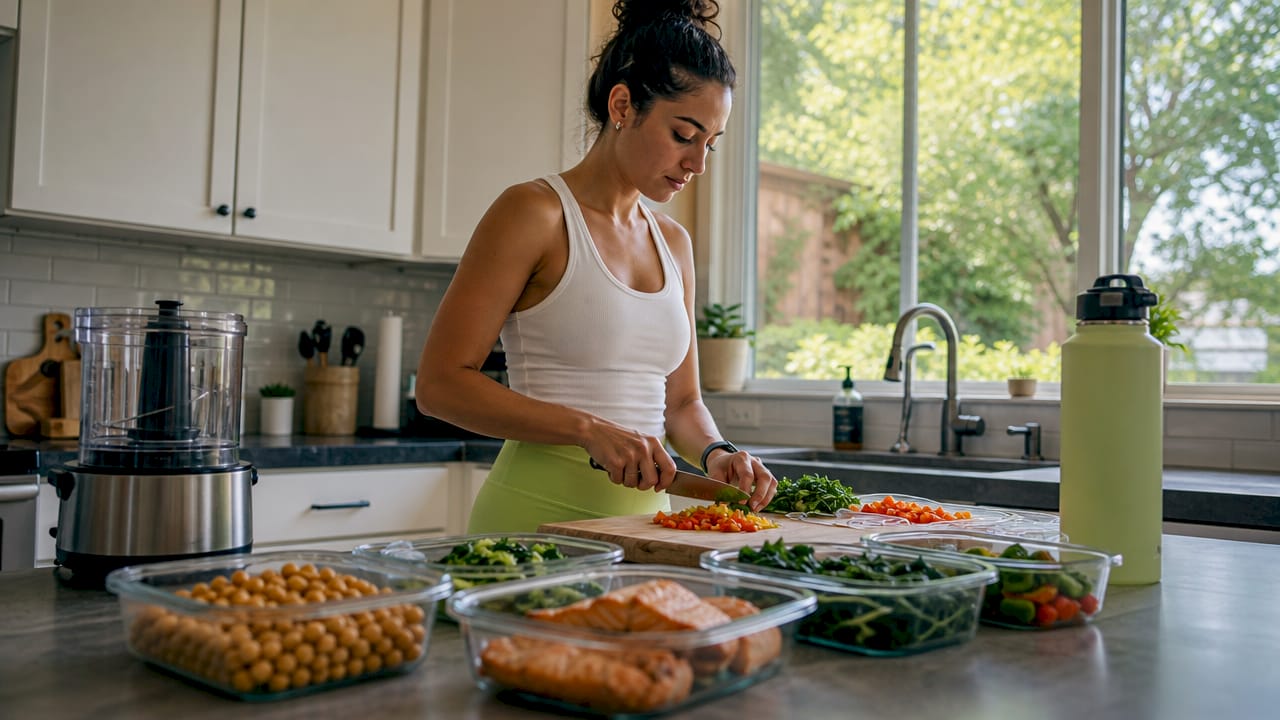 Woman preparing protein-rich meals at kitchen table