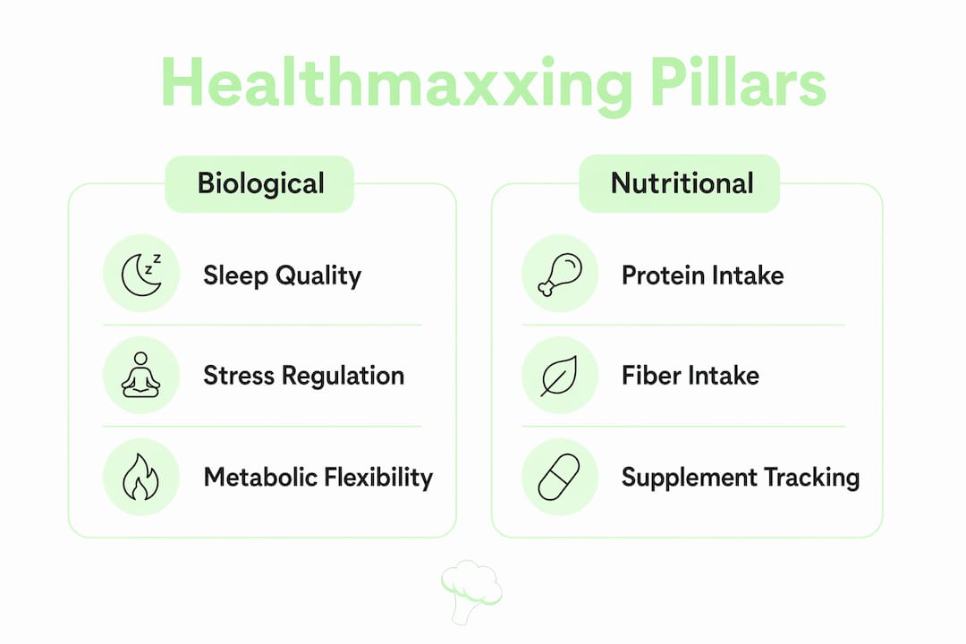 Infographic comparing biological and nutritional healthmaxxing pillars