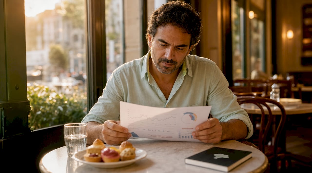 Man reviewing health optimization data at kitchen table