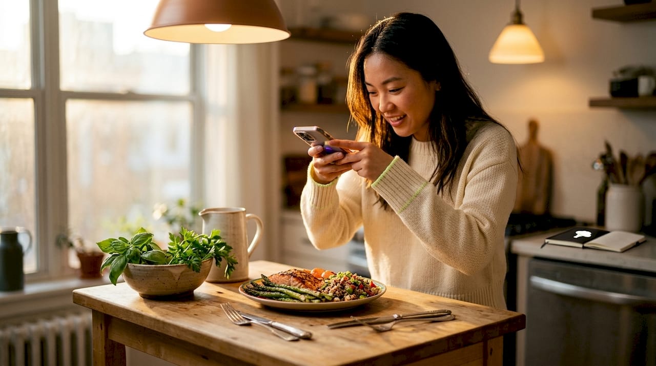 Woman photographing meal for diet tracking