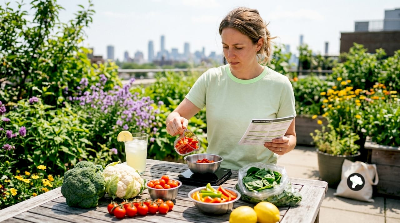 Woman weighing food at kitchen table