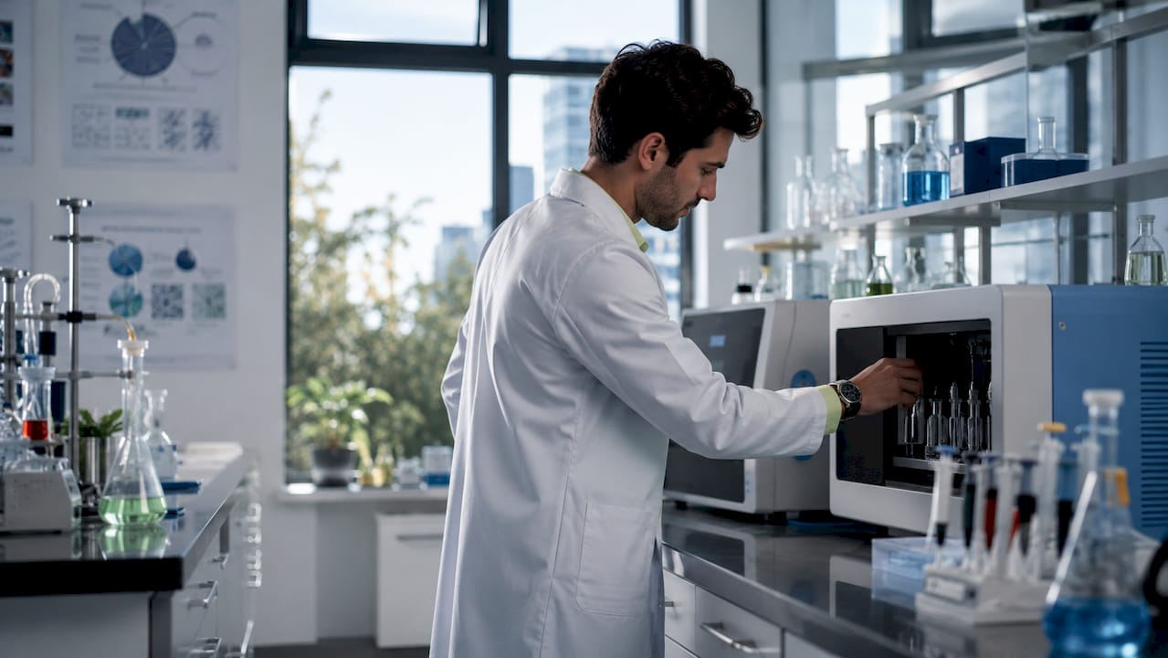 Scientist adjusting biomarker analysis machine