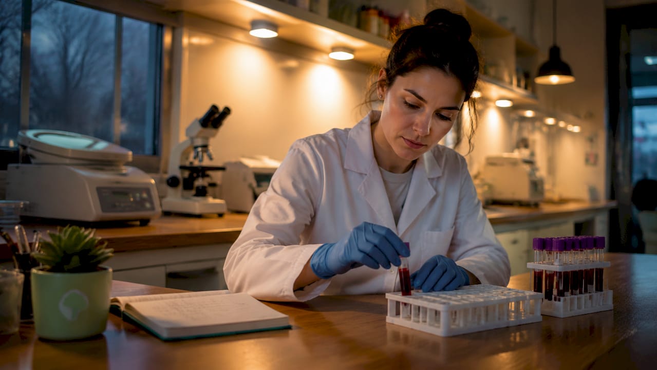 Technician handling blood sample vial in lab
