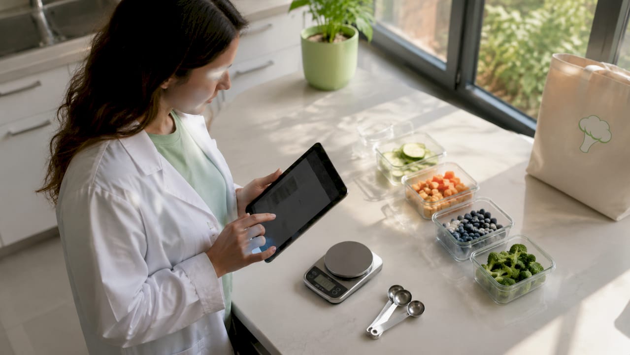 Scientist using AI food analysis tablet in lab
