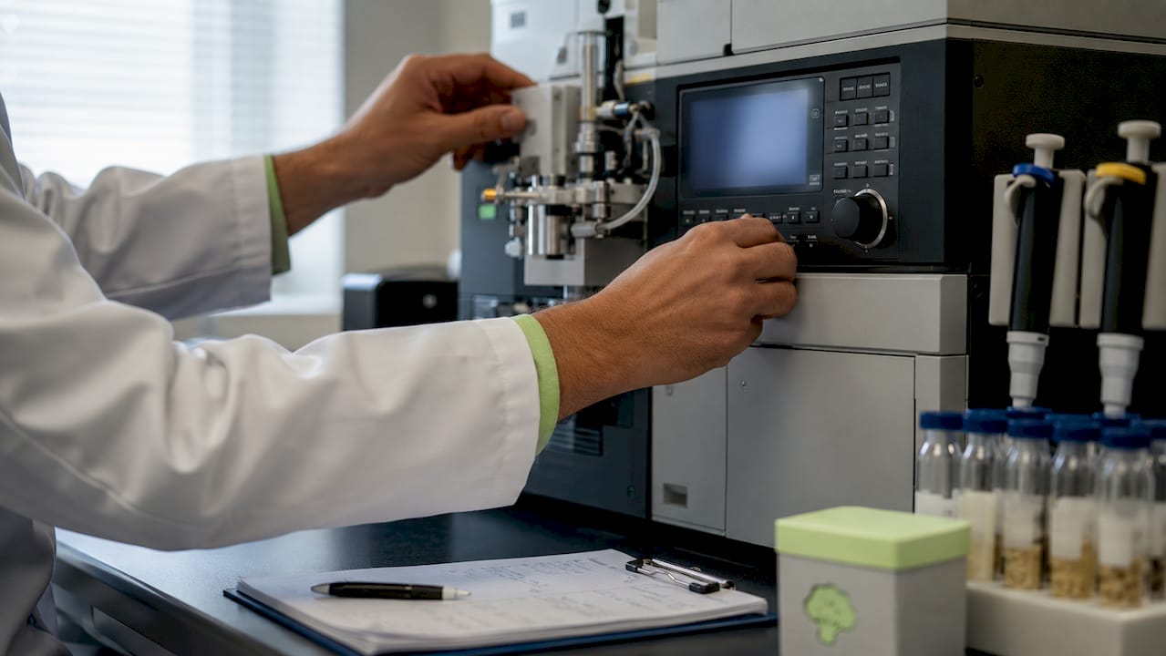 Hands adjusting mass spectrometer controls in lab