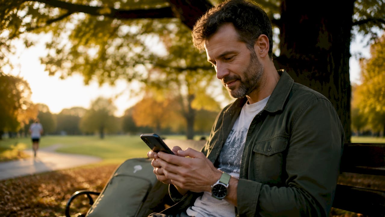 Man using smartphone app to log meals at cafe
