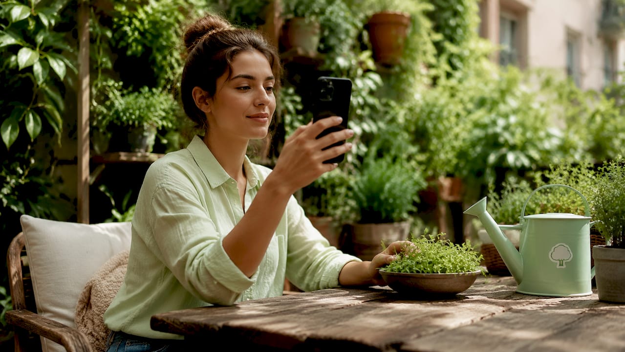 Woman interacting with dietary app at kitchen