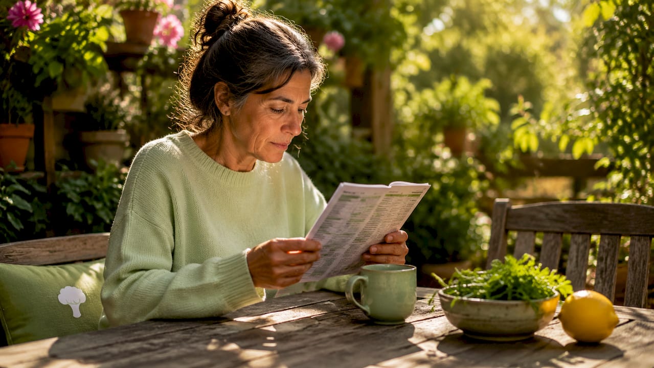 Woman examining nutrition labels in kitchen