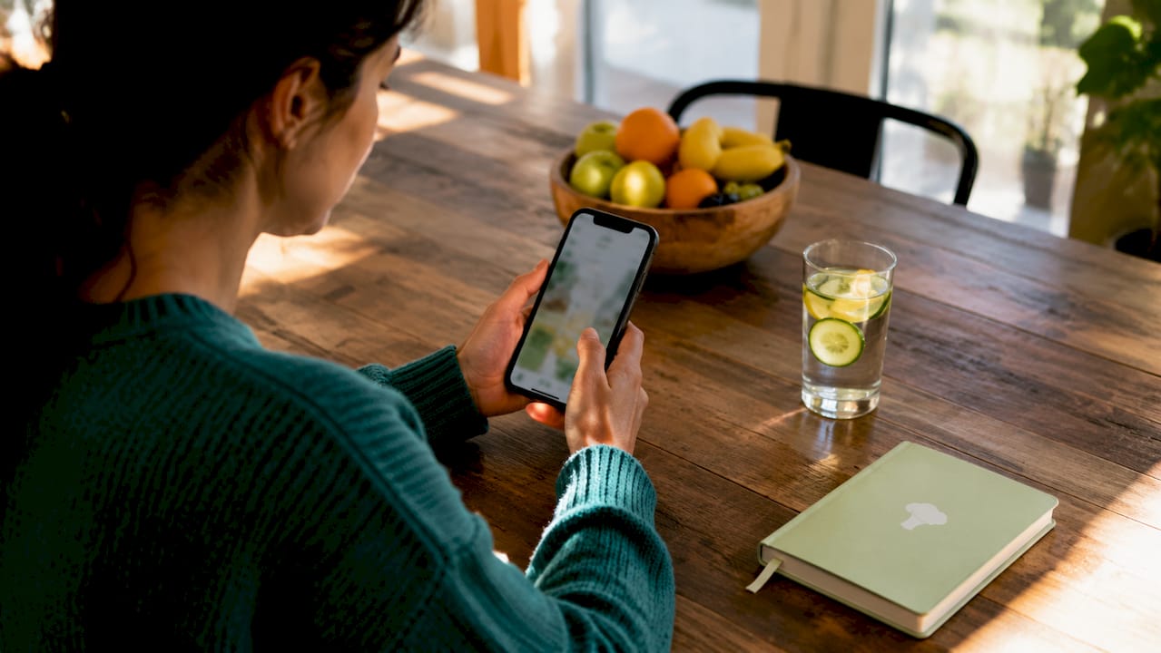 Hands scrolling sodium tracking app at dining table