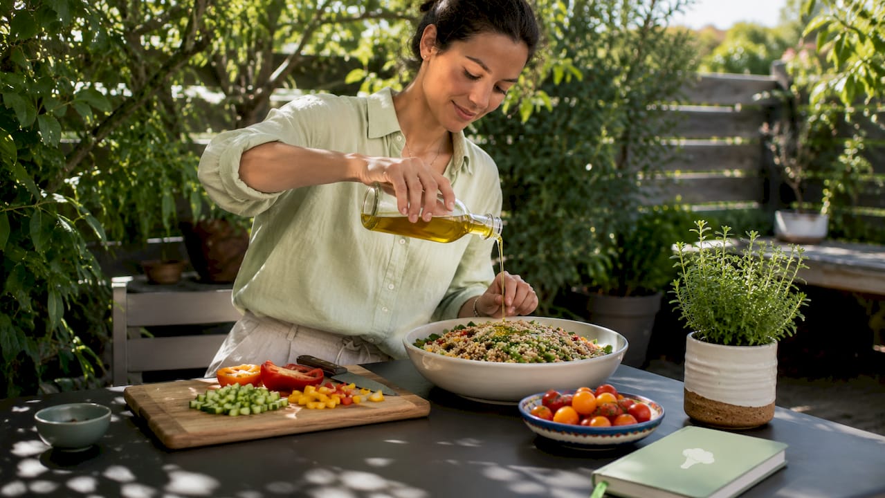 Hands preparing synergistic food combination meal