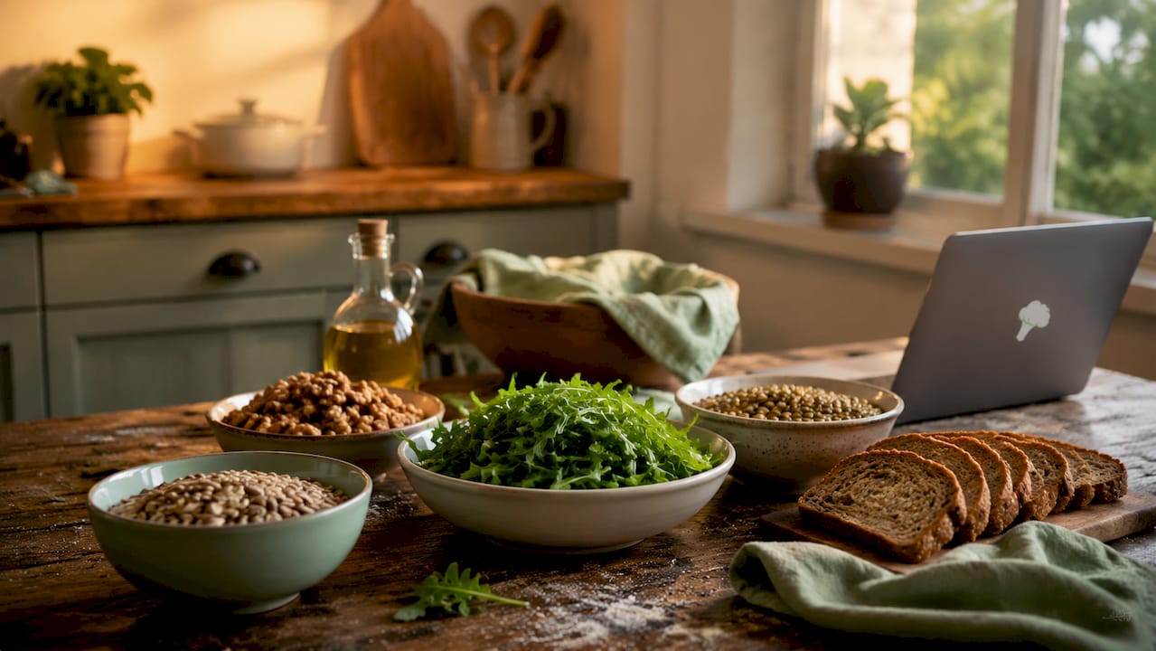 Top view of magnesium-rich foods on wooden table
