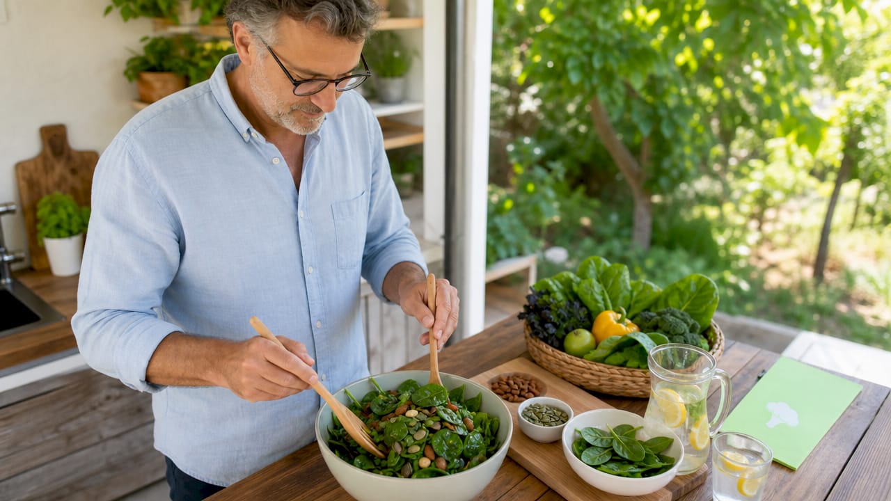 Nutritionist preparing magnesium-rich salad in home kitchen