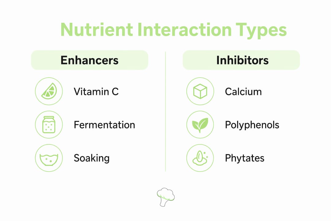 Infographic comparing nutrient interaction enhancers and inhibitors