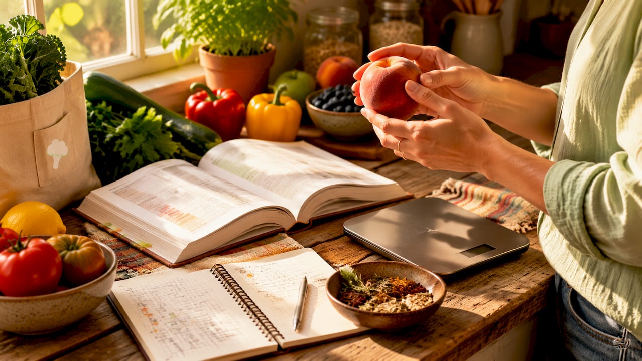 Hands weighing food with nutrient data sheets
