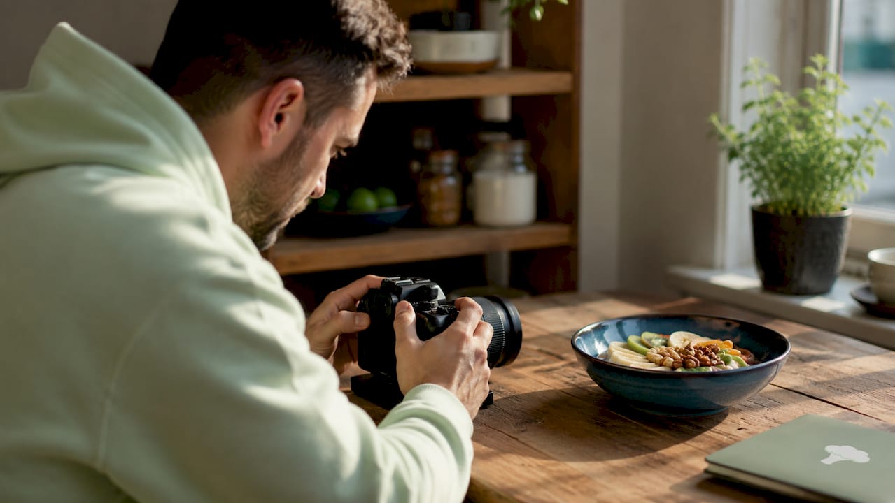 Hands setting camera for food photo