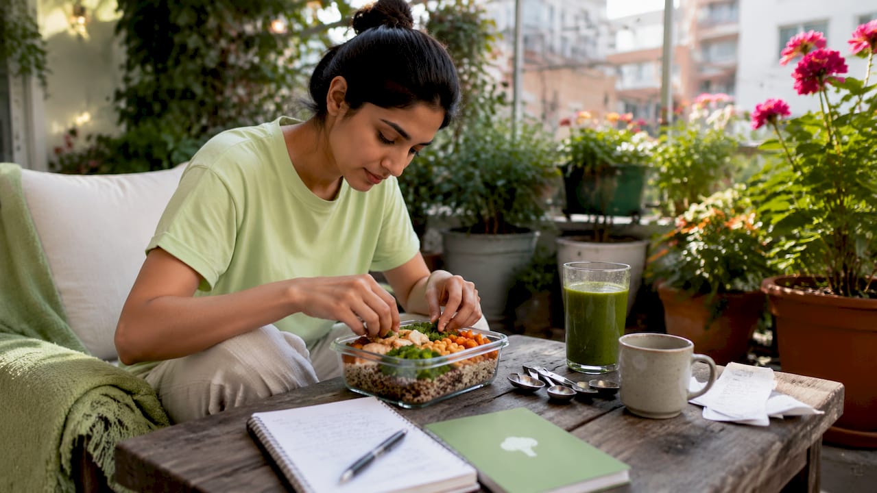Woman preparing balanced nutrient meal at kitchen table