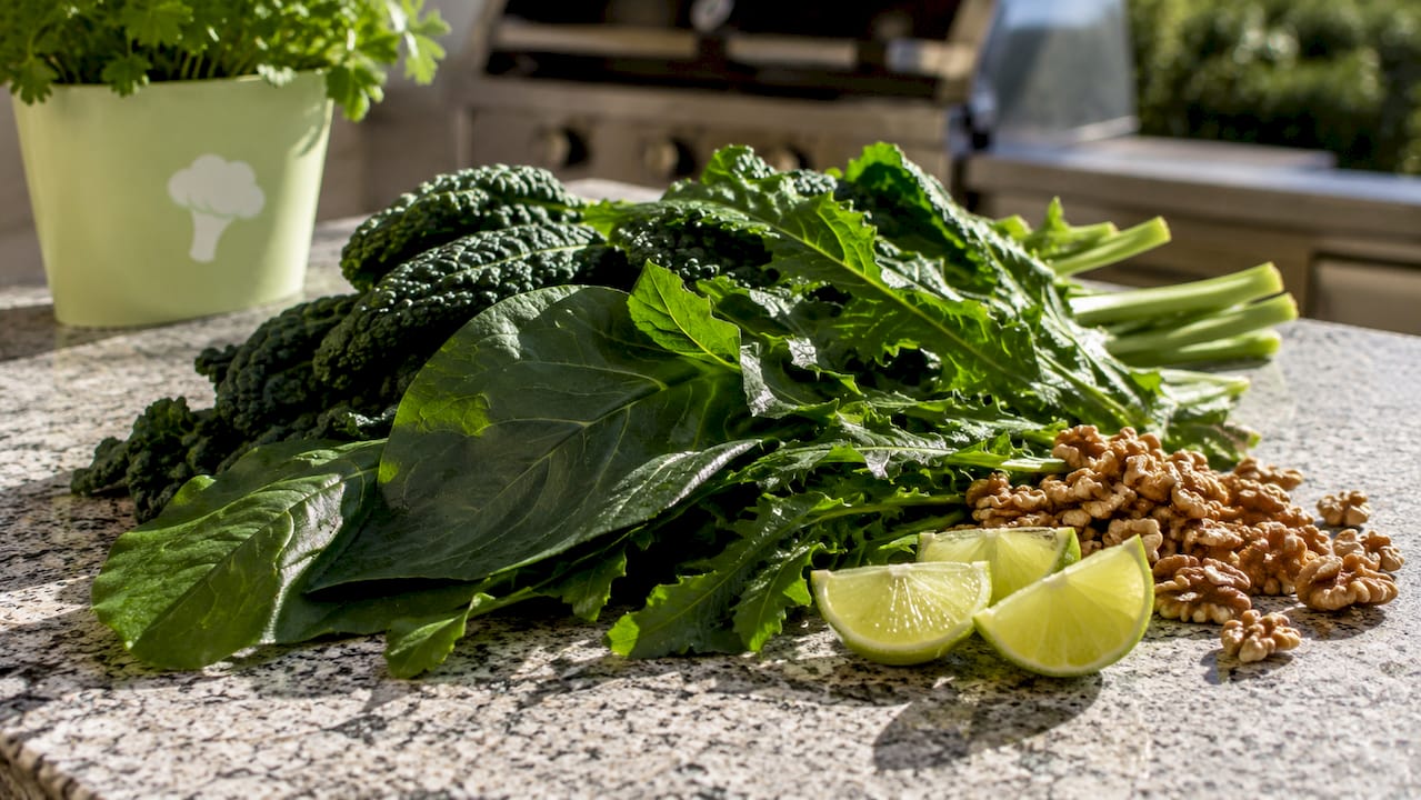 Close-up of fresh leafy greens and nuts on cutting board