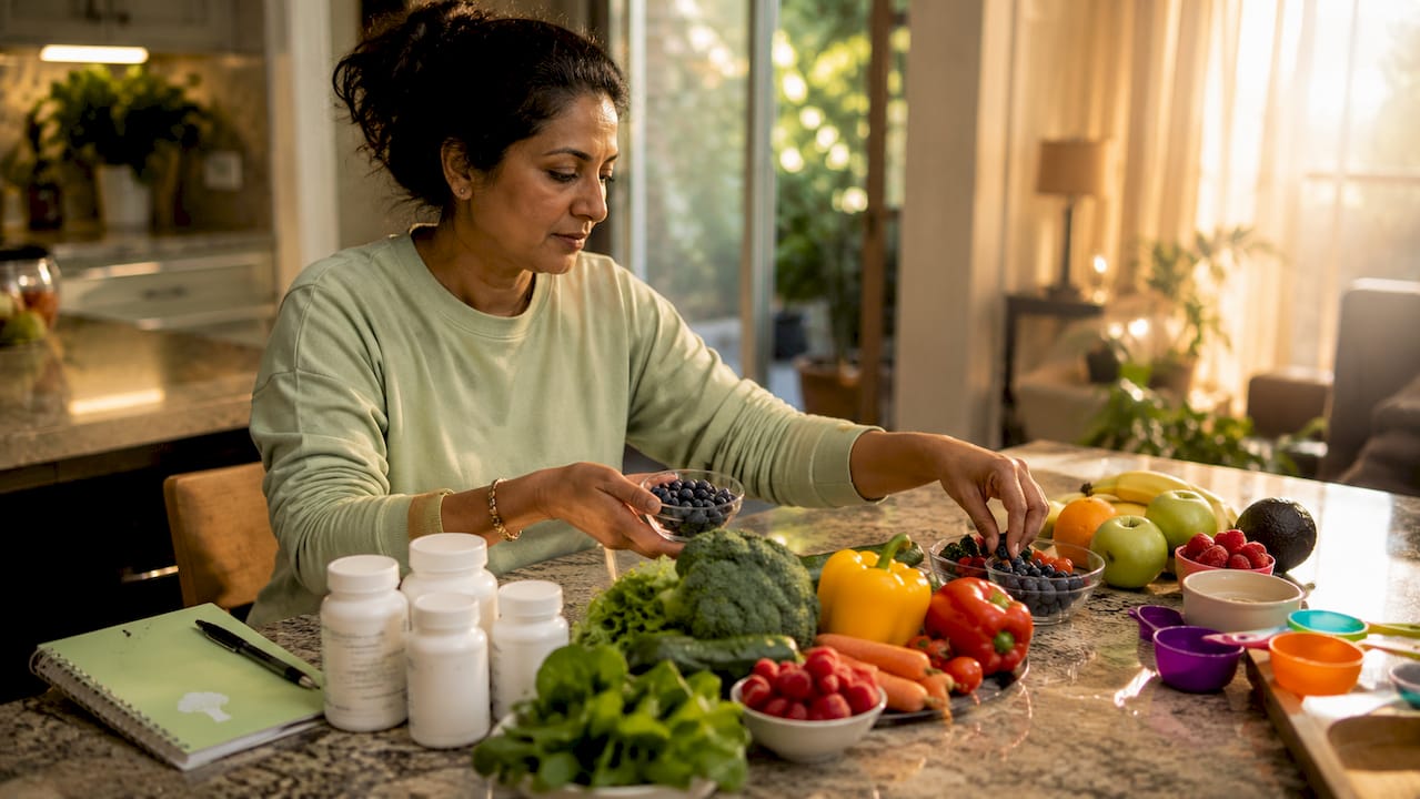 Woman organizing nutritious foods at kitchen table
