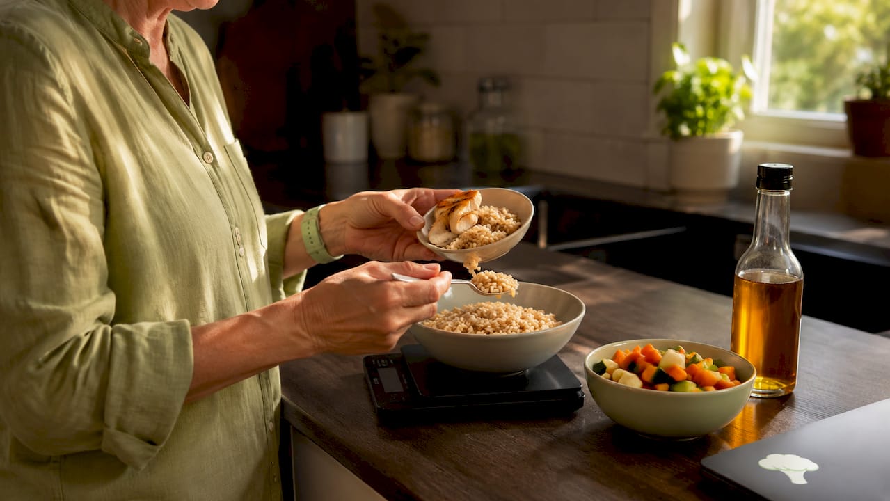 Hands weighing food portions on kitchen scale