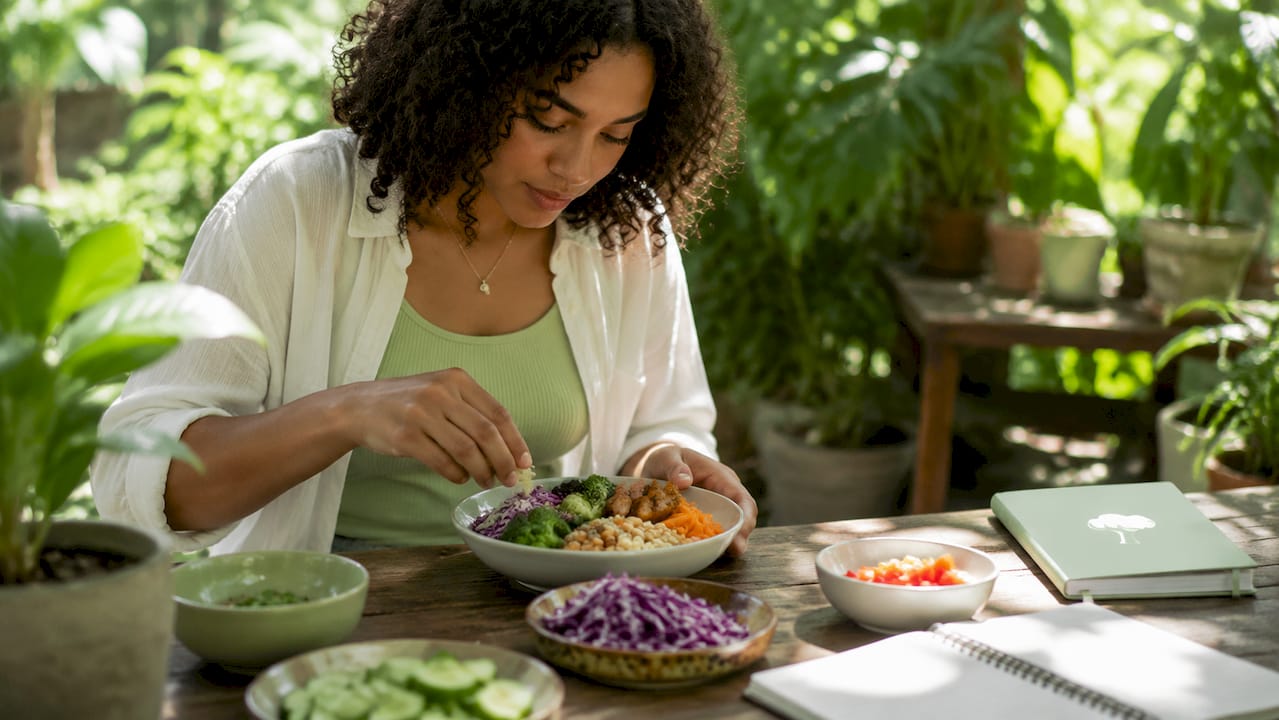 Person preparing balanced macronutrient meal in kitchen