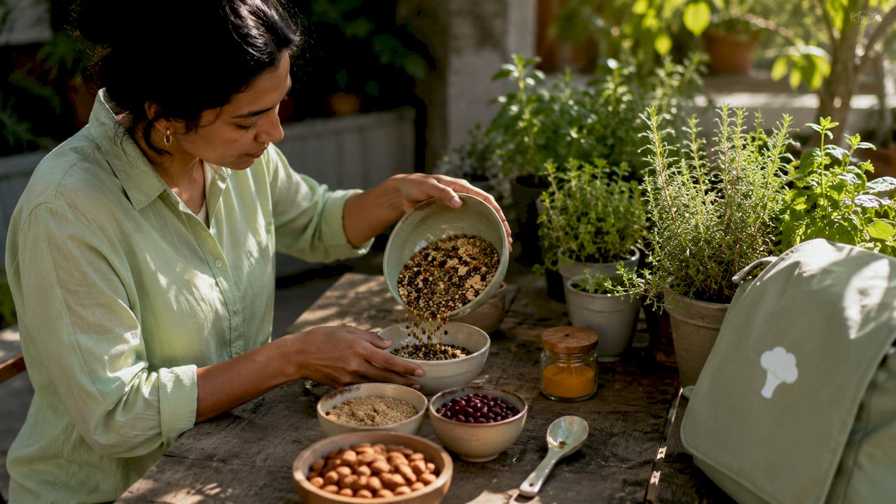 Hands sorting anti-nutrient rich foods on wooden table