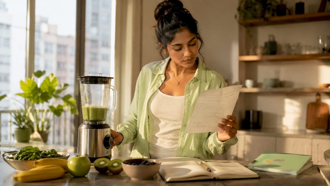 Woman reading adaptive nutrition report at breakfast