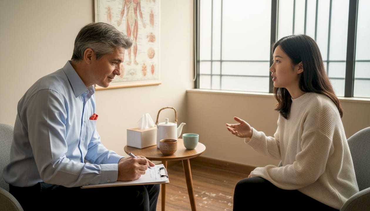 Practitioner takes notes during wellness consultation